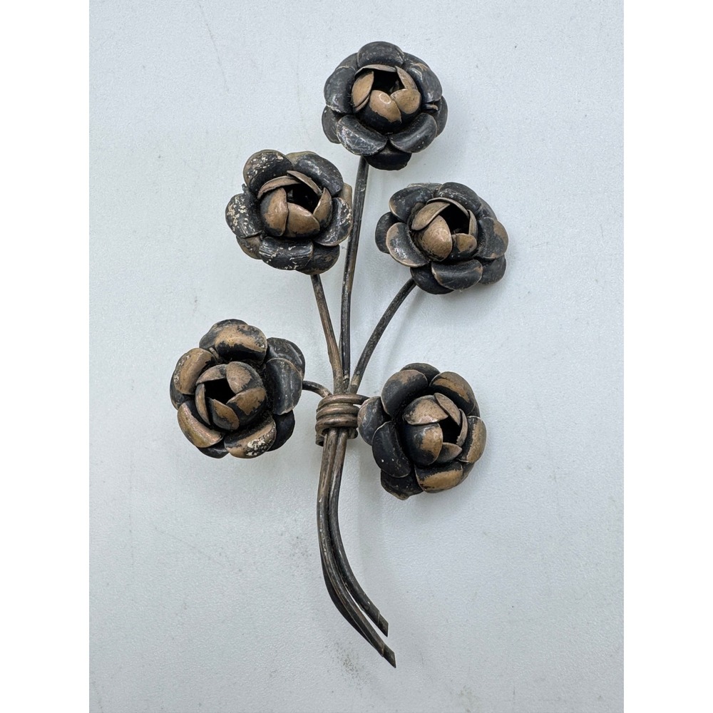 Vintage Blackened Metal Rose Bouquet Brooch Gothic Floral Pin Steampunk Grunge